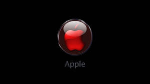 黑色背景上帶有咬痕的光澤紅色Apple標誌，下方有Apple文字