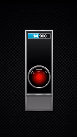 HAL 9000電腦，帶有發光的紅色眼睛和銀色框架，深色背景