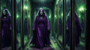 一個幽靈般的女人穿著紫色長袍，走在綠色照明的鏡子走廊上。