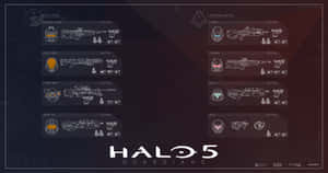 Halo 5 Guardians 遊戲武器和玩家裝備畫面，在黑暗背景上帶有發光的白色輪廓。