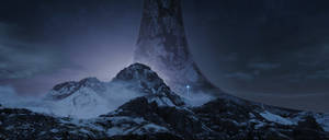 白雪覆蓋的山峰，有一個巨大的外星巨石在繁星點點的夜空下發出藍色光芒。