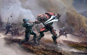 未來士兵在塵土飛揚的戰場上戰鬥，伴有爆炸和煙霧。