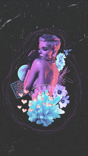 Halsey 在宇宙數位藝術設計中擁有發光的皮膚和花朵。