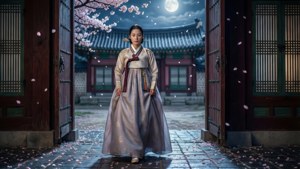 穿著傳統韓國服飾的女士在滿月下走過門，櫻花飄落