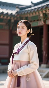 穿著傳統韓服的女性戴著花簪站在寺廟前