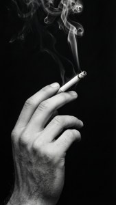 一隻手拿著點燃的香煙，煙霧在黑色背景前上升。