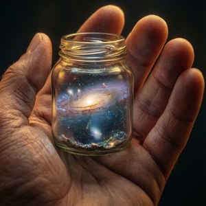 手拿著一個裝滿微型星系和星星的罐子。
