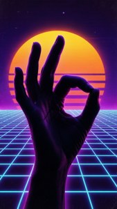 手在霓虹網格日落場景中做出OK手勢