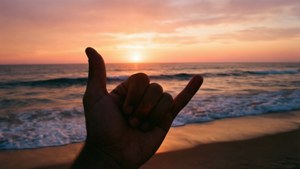 日落時在海灘上做出夏卡手勢的手