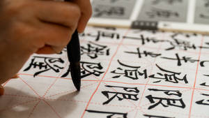 手在格仔紙上用毛筆書寫中國書法。