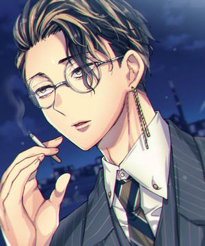 動漫男子穿西裝戴眼鏡在夜間城市吸煙。