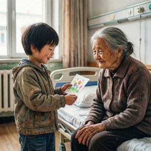 一個小男孩將一幅花朵畫作送給一位躺在醫院床上的微笑老婦人。