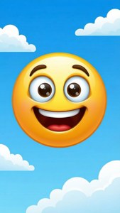 一個快樂的黃色 emoji，有大眼睛和寬闊的笑容，在藍天白雲中漂浮。