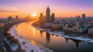 冬日日出時的城市天際線，河流反射金色光芒和積雪河岸