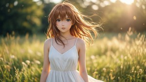 動漫女孩身穿白色連衣裙，站在陽光明媚的草地上，長髮飄逸