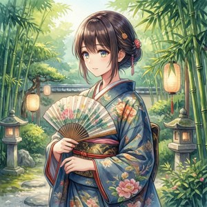 身穿花卉和服的年輕女子在竹園中手持扇子，旁邊有石燈籠