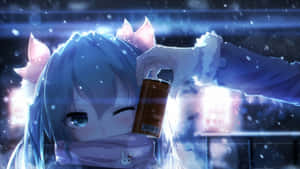 貓耳動漫女孩在雪夜城市中拿著罐子。