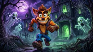 卡通狐狸在滿月下跑向有鬼魂和蜘蛛網的鬼屋