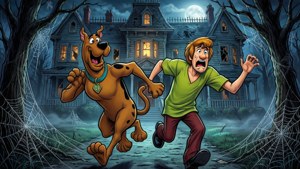 Scooby Doo 和 Shaggy 在夜間驚恐地逃離陰森的鬼屋。