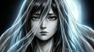 長黑髮、眼睛發光的動漫女性，部分被半透明布料遮蓋。