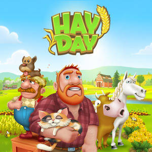 卡通農夫抱著貓，與農場動物和「Hay Day」標誌在陽光明媚的田野中。