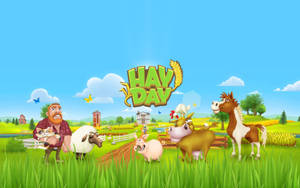 農夫同貓同農場動物喺陽光普照嘅田野，有 Hay Day 標誌。