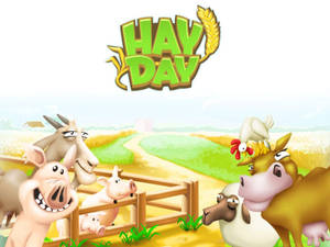 快樂的卡通農場動物在木柵欄後面，帶有「HAY DAY」標誌。