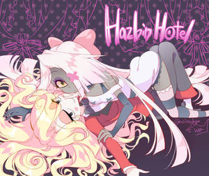 粉紅色頭髮的動漫女僕角色在 Hazbin Hotel 場景中靠向金色頭髮角色。