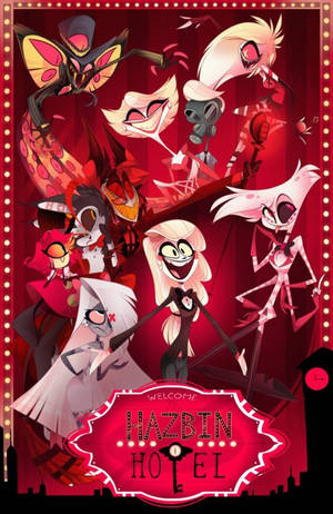 Hazbin Hotel 角色在帶有發光標誌的戲劇性紅色海報中。