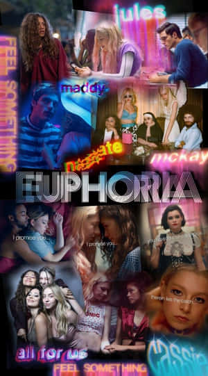 《Euphoria》電視劇角色拼貼，帶有霓虹文字和戲劇性燈光。