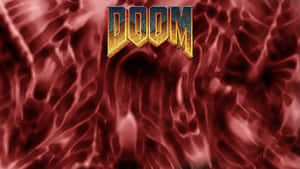 DOOM 遊戲標誌，帶有火紅背景
