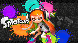 Splatoon 遊戲中的動漫角色，手持油漆槍，帶有彩色墨水飛濺。