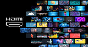 HDMI 標誌與周圍的科技圖標展示數碼創新。 — OLED 壁紙