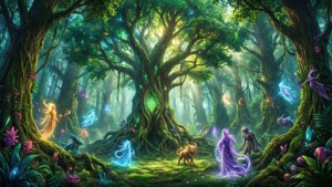 魔法森林中，發光的仙女和神秘生物圍繞著一棵巨大的古樹。