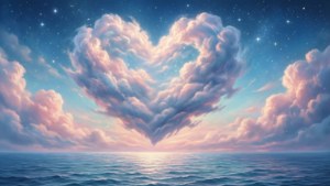 暮色中海洋上方的心形雲與星星