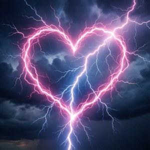 在暴風雨天空中閃爍粉紅色和藍色的心形閃電