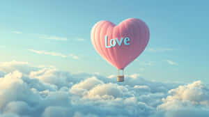 粉紅色心形氣球帶有love字樣，漂浮在藍天白雲之上