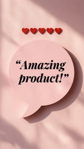 粉紅色對話框，文字 Amazing product 和四個紅色心形