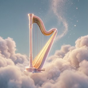 一個金色豎琴漂浮在雲朵之上，閃爍的粒子升向天空