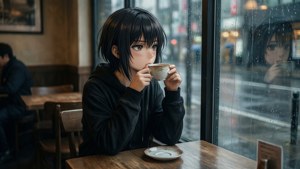 動漫女孩在雨窗前喝咖啡，寧靜的咖啡館。