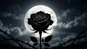 黑玫瑰帶刺剪影襯托滿月和烏雲。