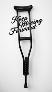 黑色前臂拐杖，帶有「Keep Moving Forward」文字以作激勵。