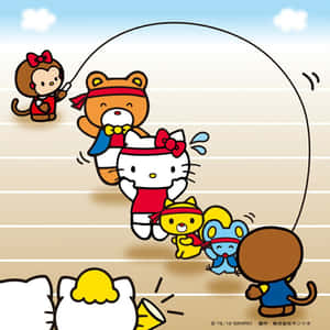 Hello Kitty 同朋友喺跑道上面跳繩，有觀眾打氣。 — 白色美學gif 壁紙