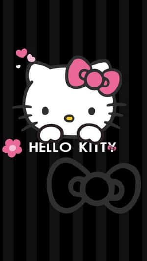 Hello Kitty 卡通角色，粉紅色蝴蝶結，黑色條紋背景。