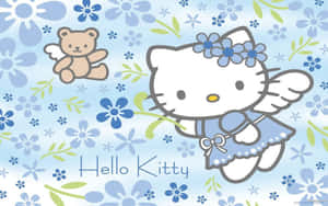 Hello Kitty 天使在花卉背景中與泰迪熊天使一起手持花朵。 — Hello kitty 美學 GIF 壁紙