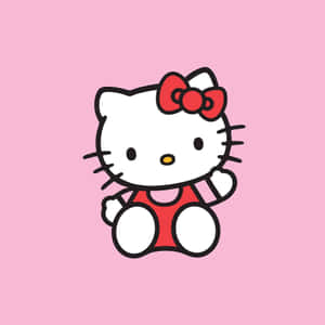 Hello Kitty 卡通角色穿著紅色連衣裙和蝴蝶結，粉紅色背景。 — iPad 第10代 壁紙