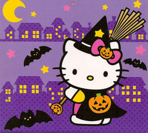 Hello Kitty 穿著女巫服裝，騎著掃帚在夜間飛過恐怖小鎮 — 卡通萬聖節 壁紙