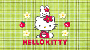 Hello Kitty 和一隻兔子，背景有花朵和草莓的綠色格子圖案。 — 可愛貓咪 壁紙