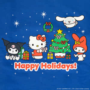 Hello Kitty 和朋友們在星星下聚集在聖誕樹旁，有禮物和花環。 — Kawaii 聖誕 GIF 壁紙