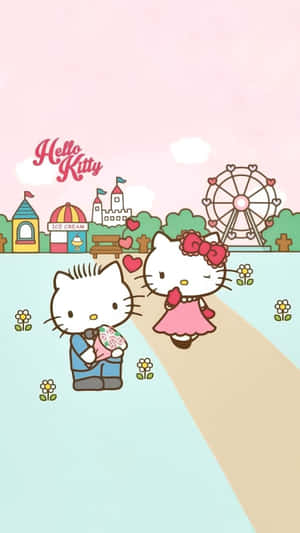 Hello Kitty 和朋友在一個充滿心形和糖果色建築的夢幻遊樂園漫步。 — Hello kitty 美學 GIF 壁紙